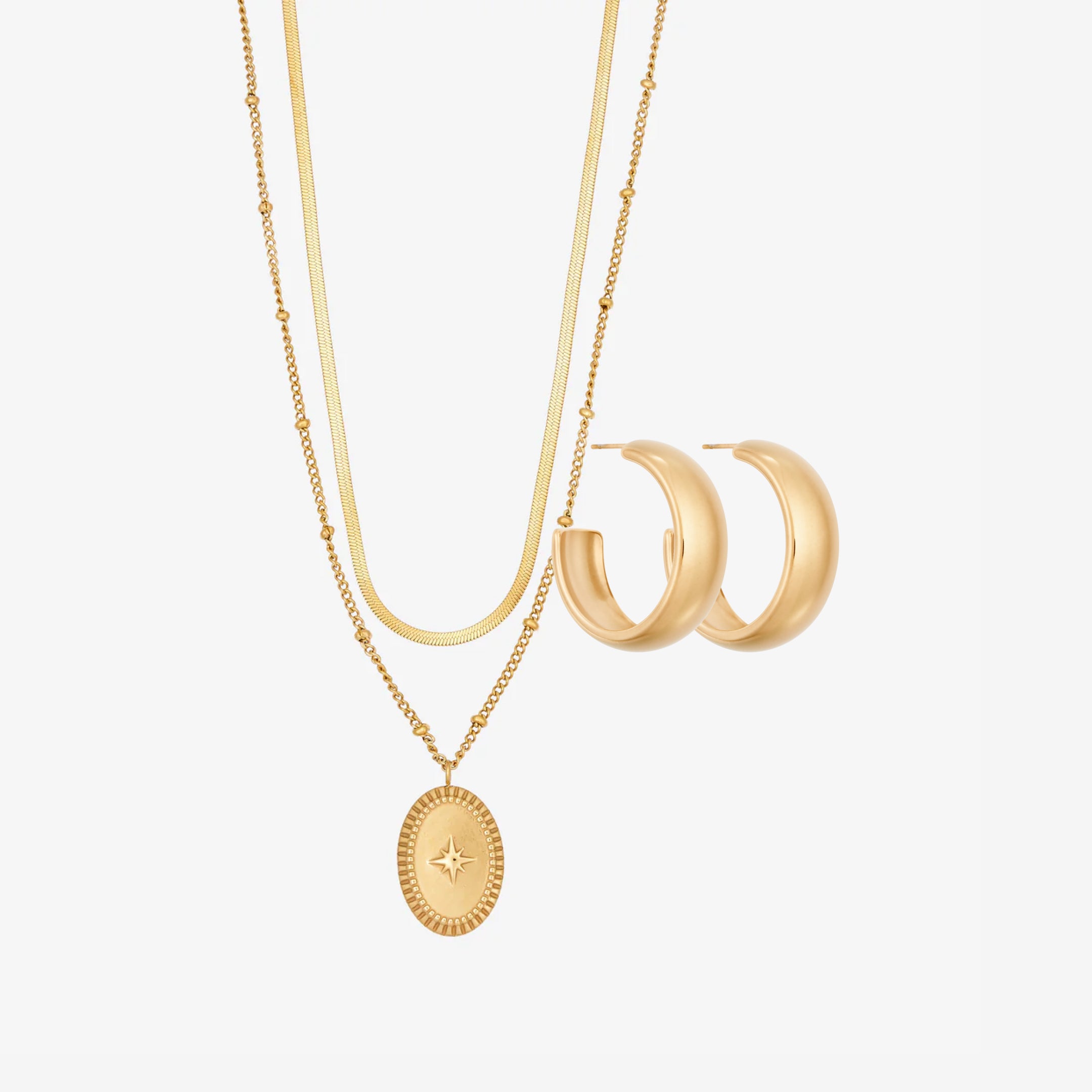 Chunky Hoop Dubbel Ketting Set: 1 oorbel en 1 ketting