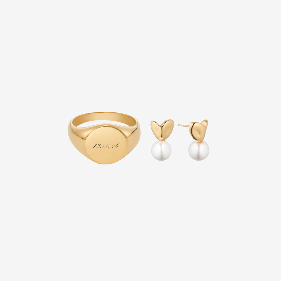 Classic Ring met gravure & Parel Stud Set